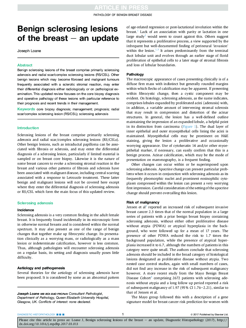 Benign sclerosing lesions of the breast - an update