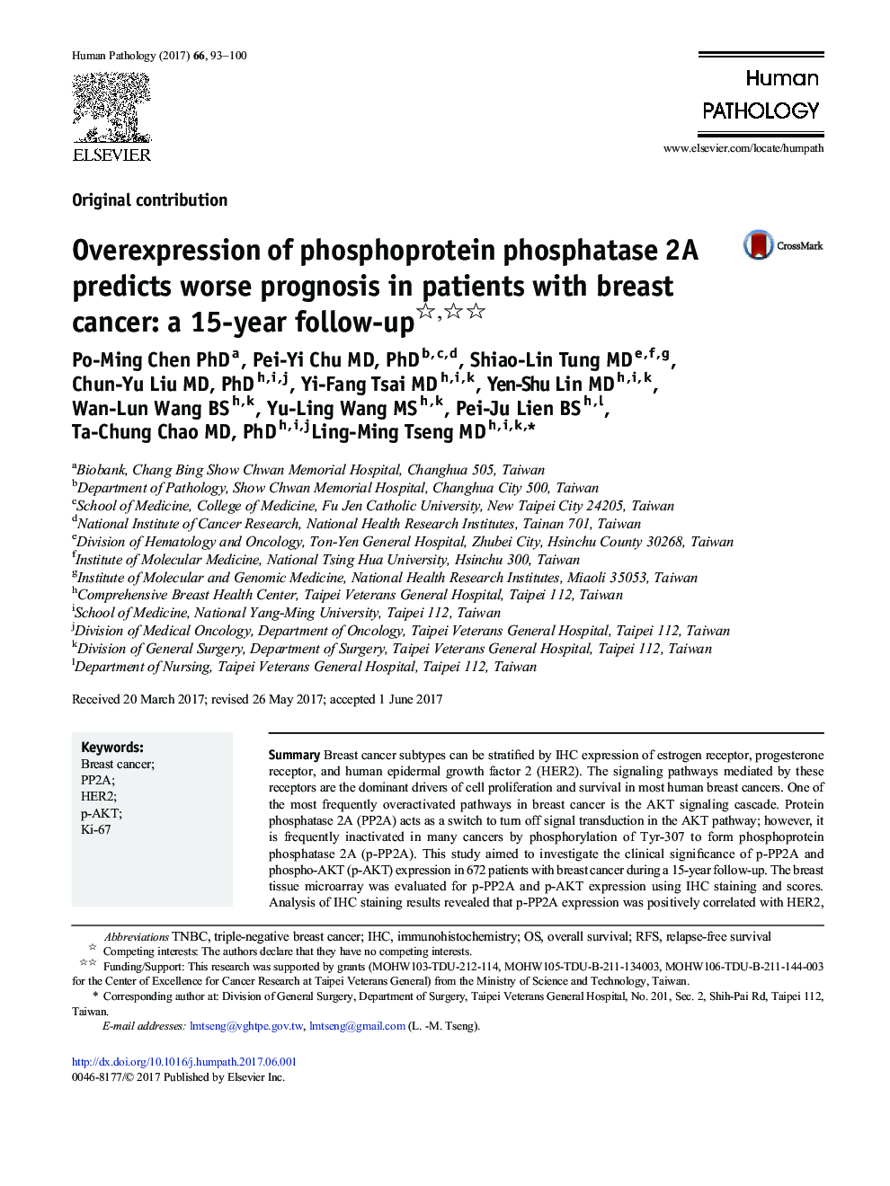 Original contributionOverexpression of phosphoprotein phosphatase 2A predicts worse prognosis in patients with breast cancer: a 15-year follow-up