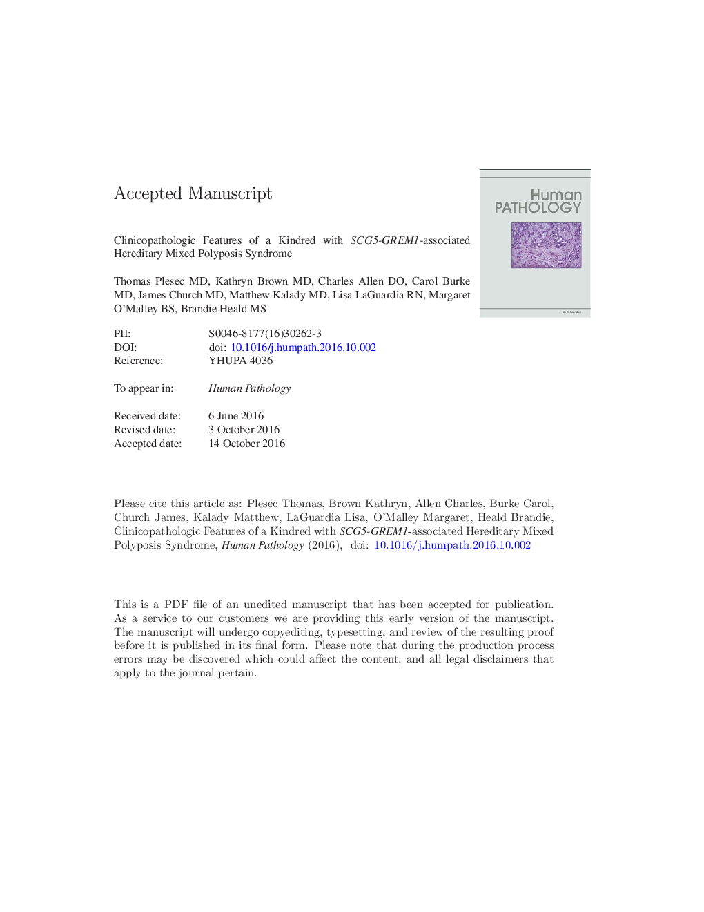 Clinicopathological features of a kindred with SCG5-GREM1-associated hereditary mixed polyposis syndrome