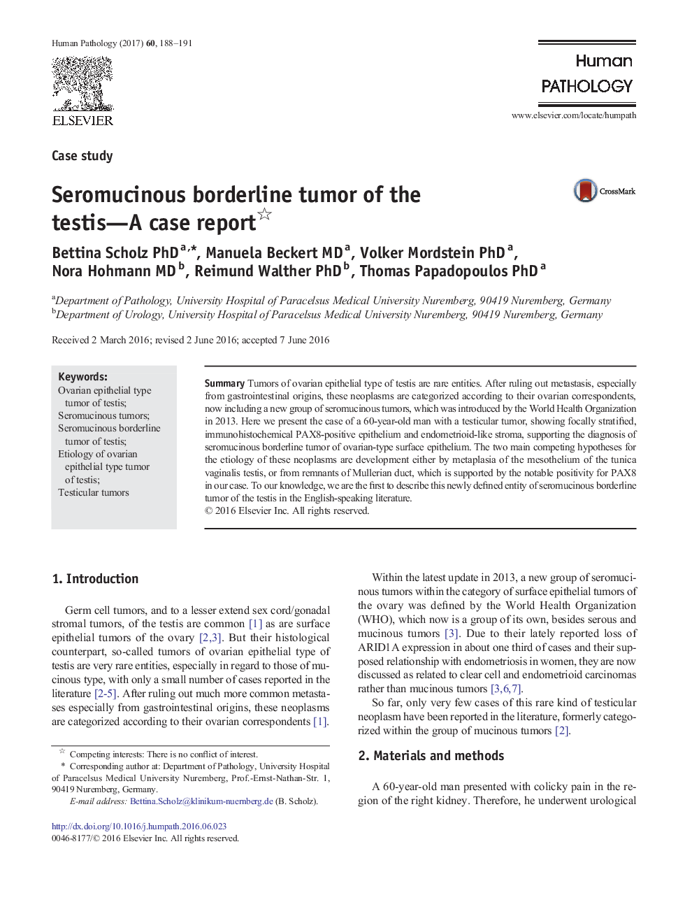 Case studySeromucinous borderline tumor of the testis-A case report