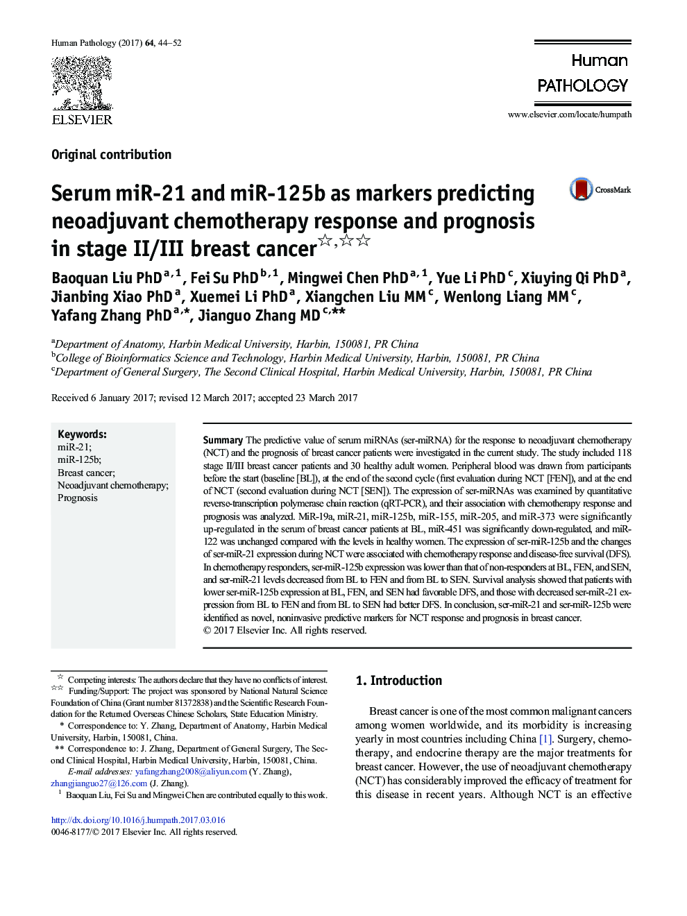 Original contributionSerum miR-21 and miR-125b as markers predicting neoadjuvant chemotherapy response and prognosis in stage II/III breast cancer