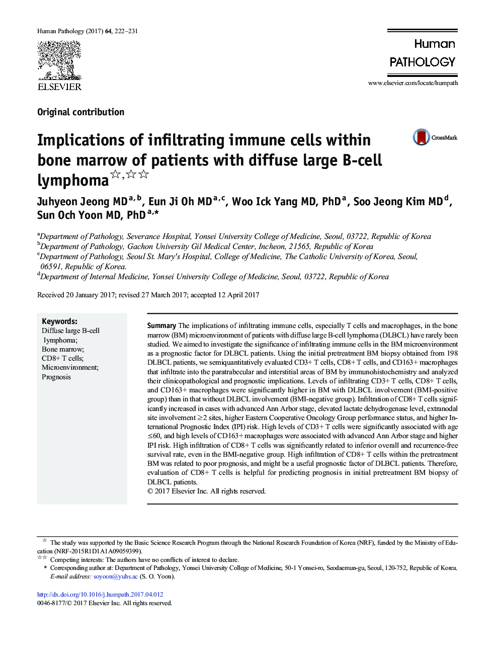 Original contributionImplications of infiltrating immune cells within bone marrow of patients with diffuse large B-cell lymphoma