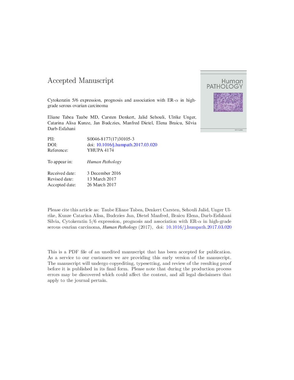 Cytokeratin 5/6 expression, prognosis, and association with estrogen receptor Î± in high-grade serous ovarian carcinoma
