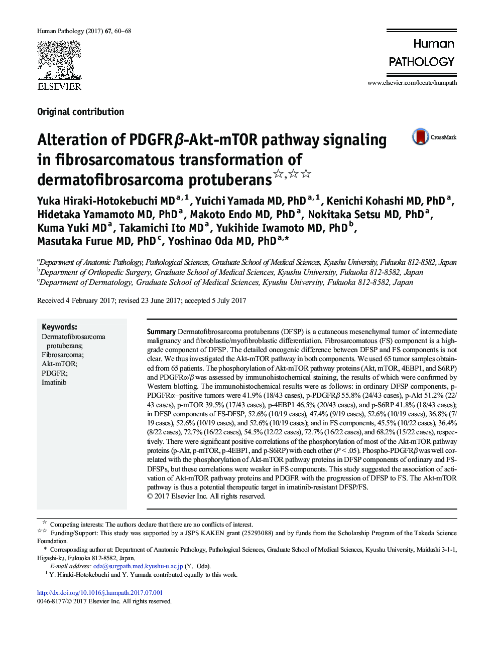 Original contributionAlteration of PDGFRÎ²-Akt-mTOR pathway signaling in fibrosarcomatous transformation of dermatofibrosarcoma protuberans