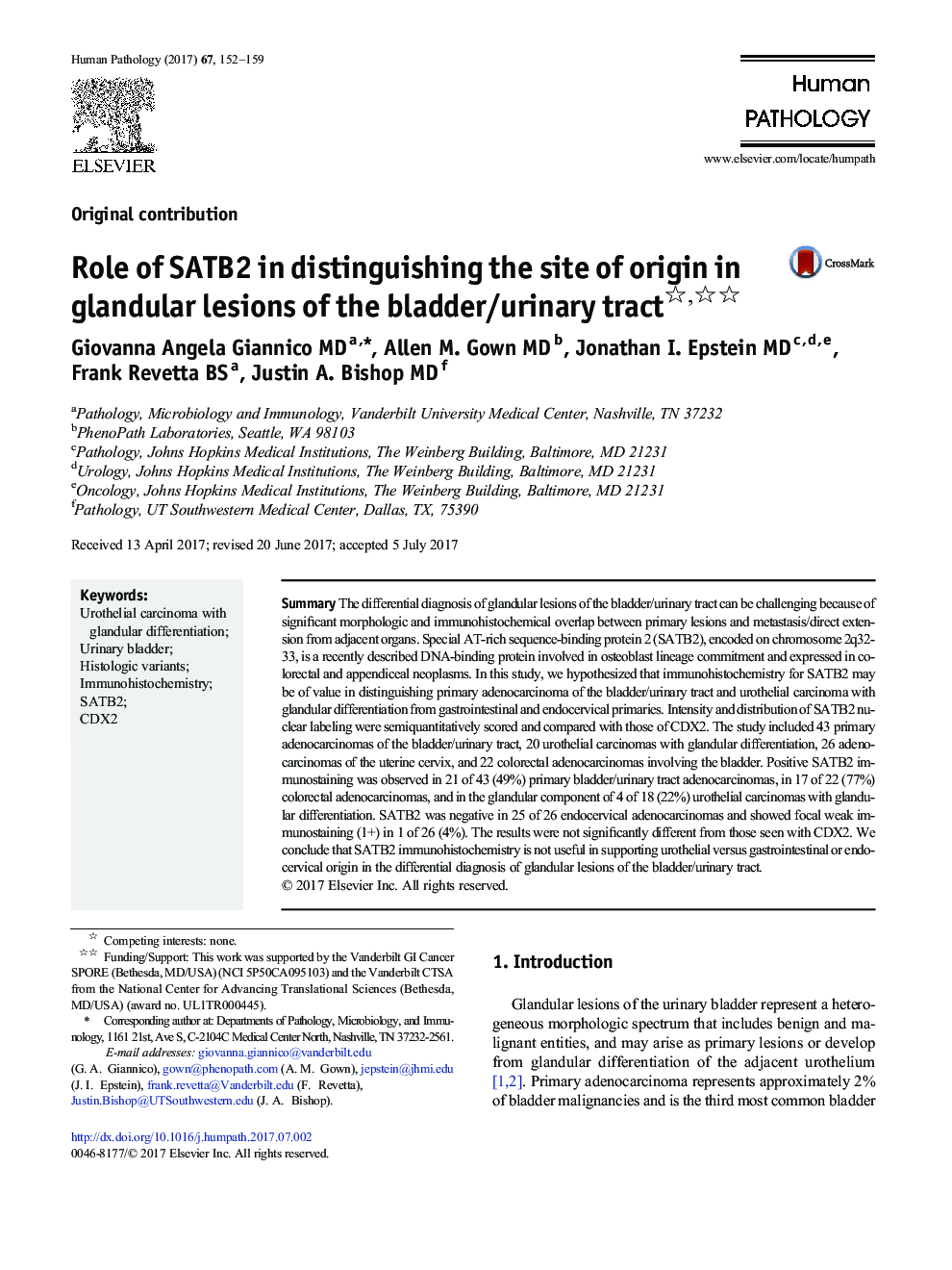 Original contributionRole of SATB2 in distinguishing the site of origin in glandular lesions of the bladder/urinary tract