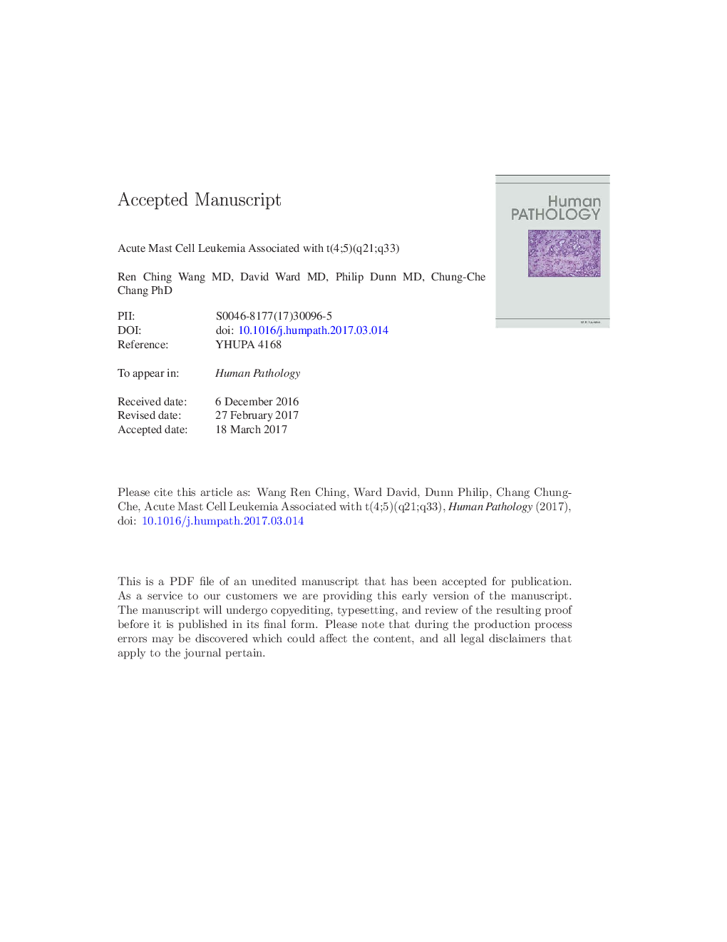 Acute mast cell leukemia associated with t(4;5)(q21;q33)