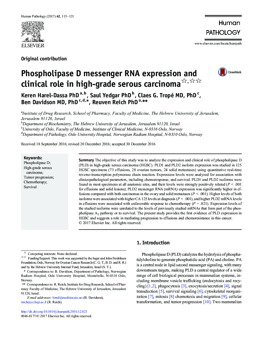 Original contributionPhospholipase D messenger RNA expression and clinical role in high-grade serous carcinoma