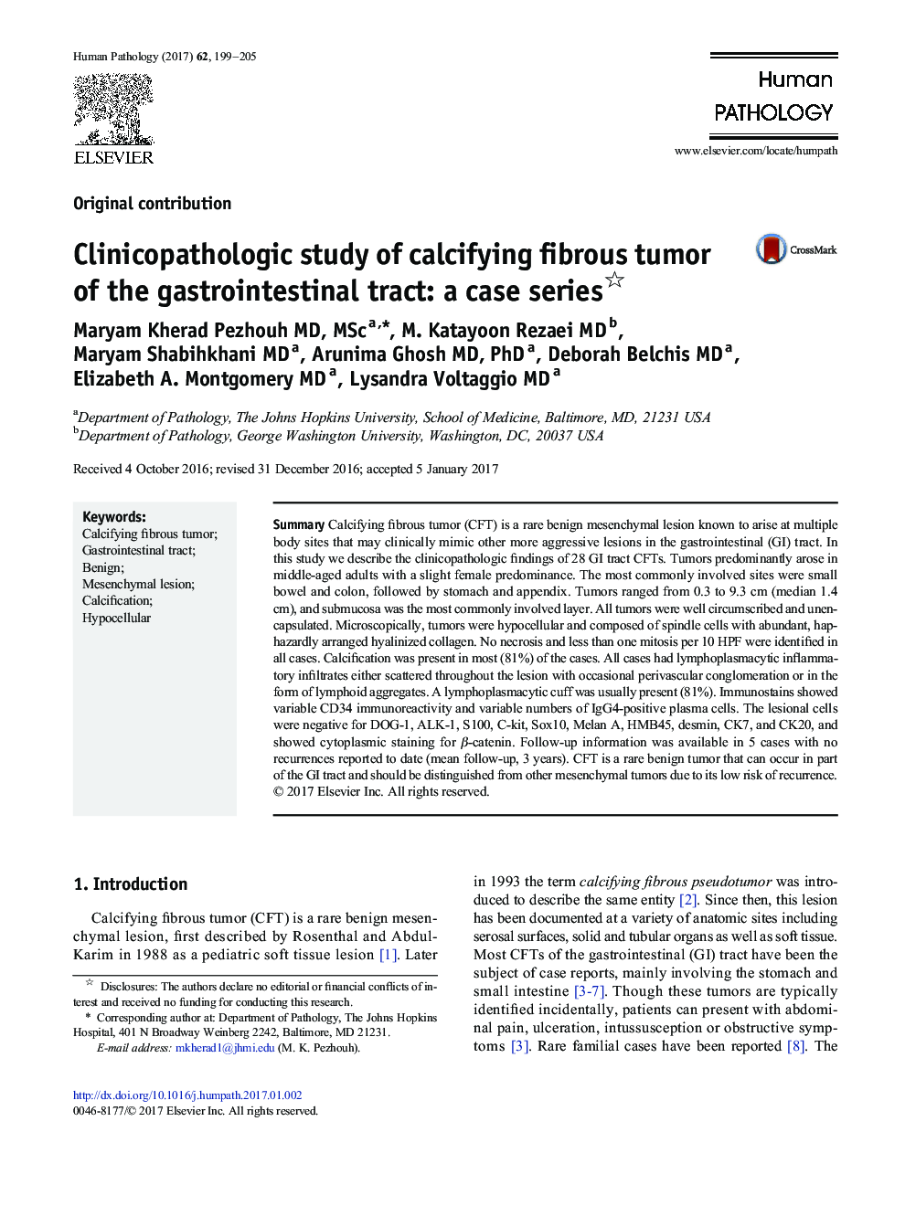 Original contributionClinicopathologic study of calcifying fibrous tumor of the gastrointestinal tract: a case series