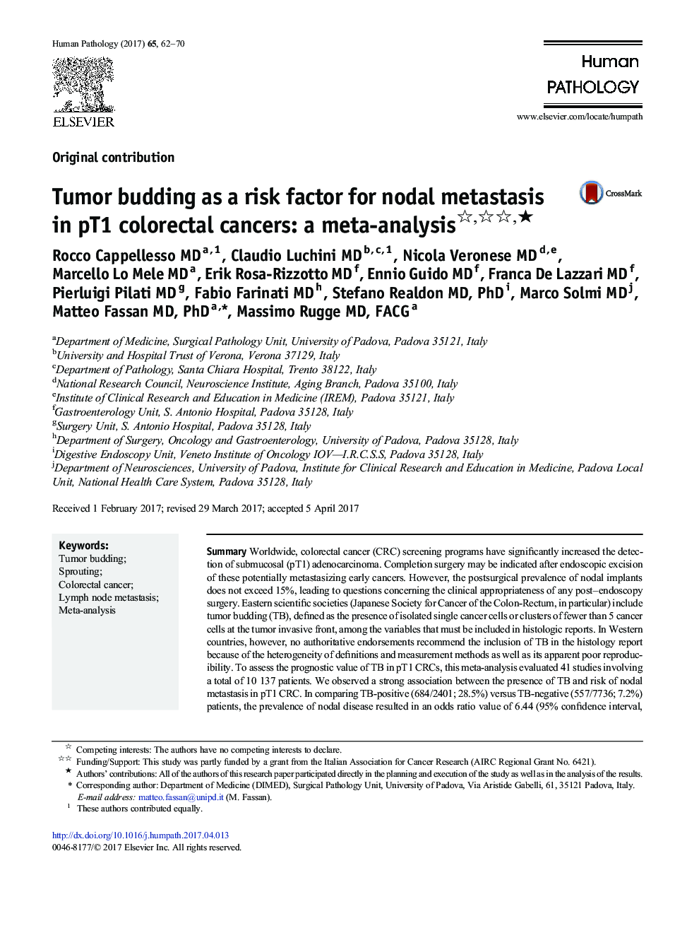 Original contributionTumor budding as a risk factor for nodal metastasis in pT1 colorectal cancers: a meta-analysisâ