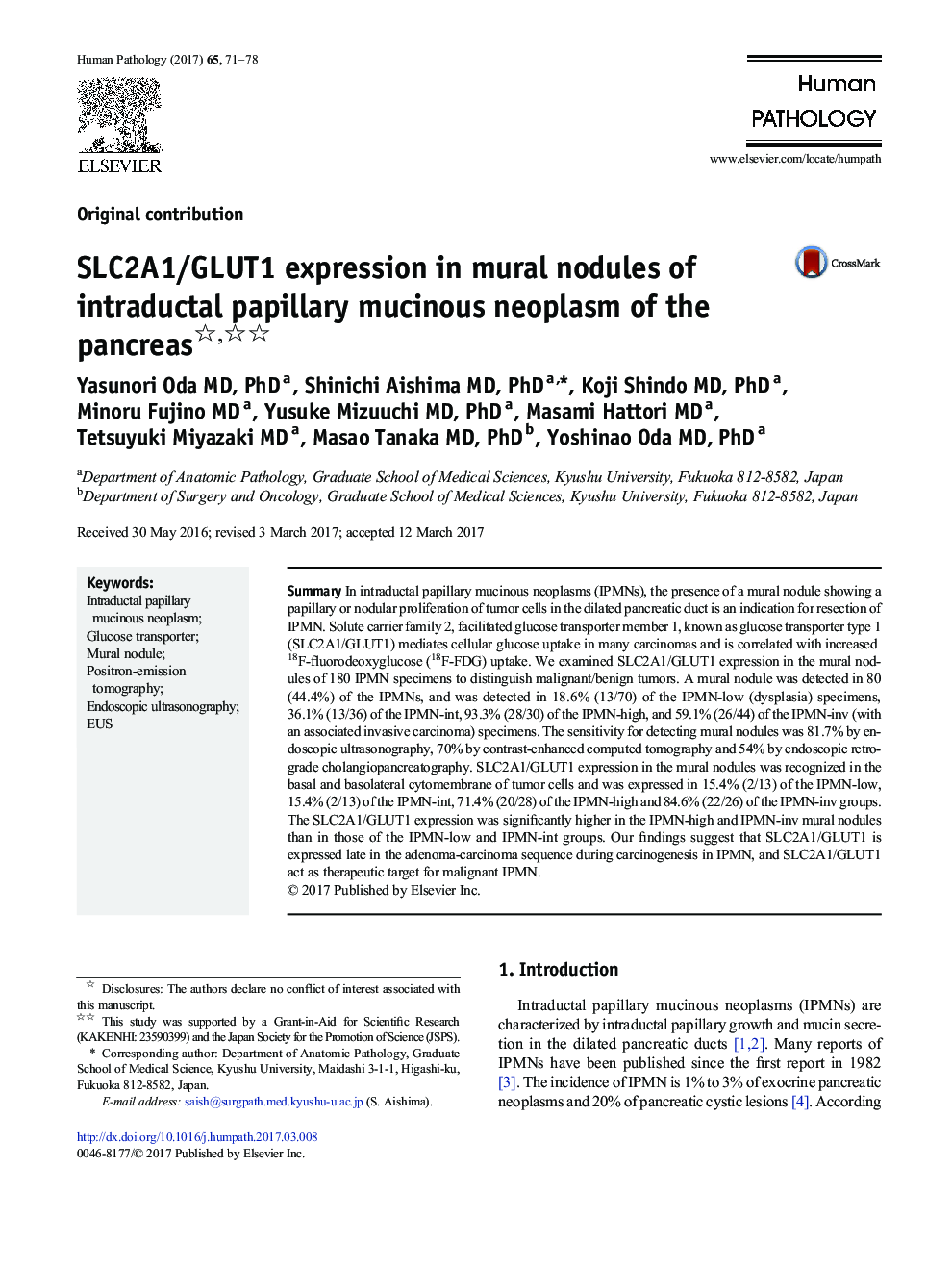 Original contributionSLC2A1/GLUT1 expression in mural nodules of intraductal papillary mucinous neoplasm of the pancreas