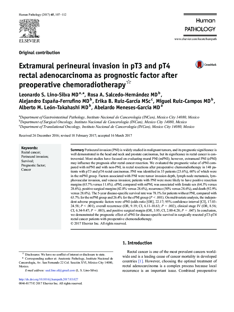 Original contributionExtramural perineural invasion in pT3 and pT4 rectal adenocarcinoma as prognostic factor after preoperative chemoradiotherapy