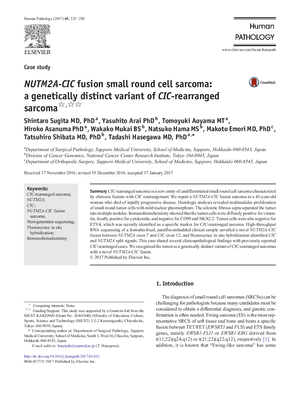 Case studyNUTM2A-CIC fusion small round cell sarcoma: a genetically distinct variant of CIC-rearranged sarcoma