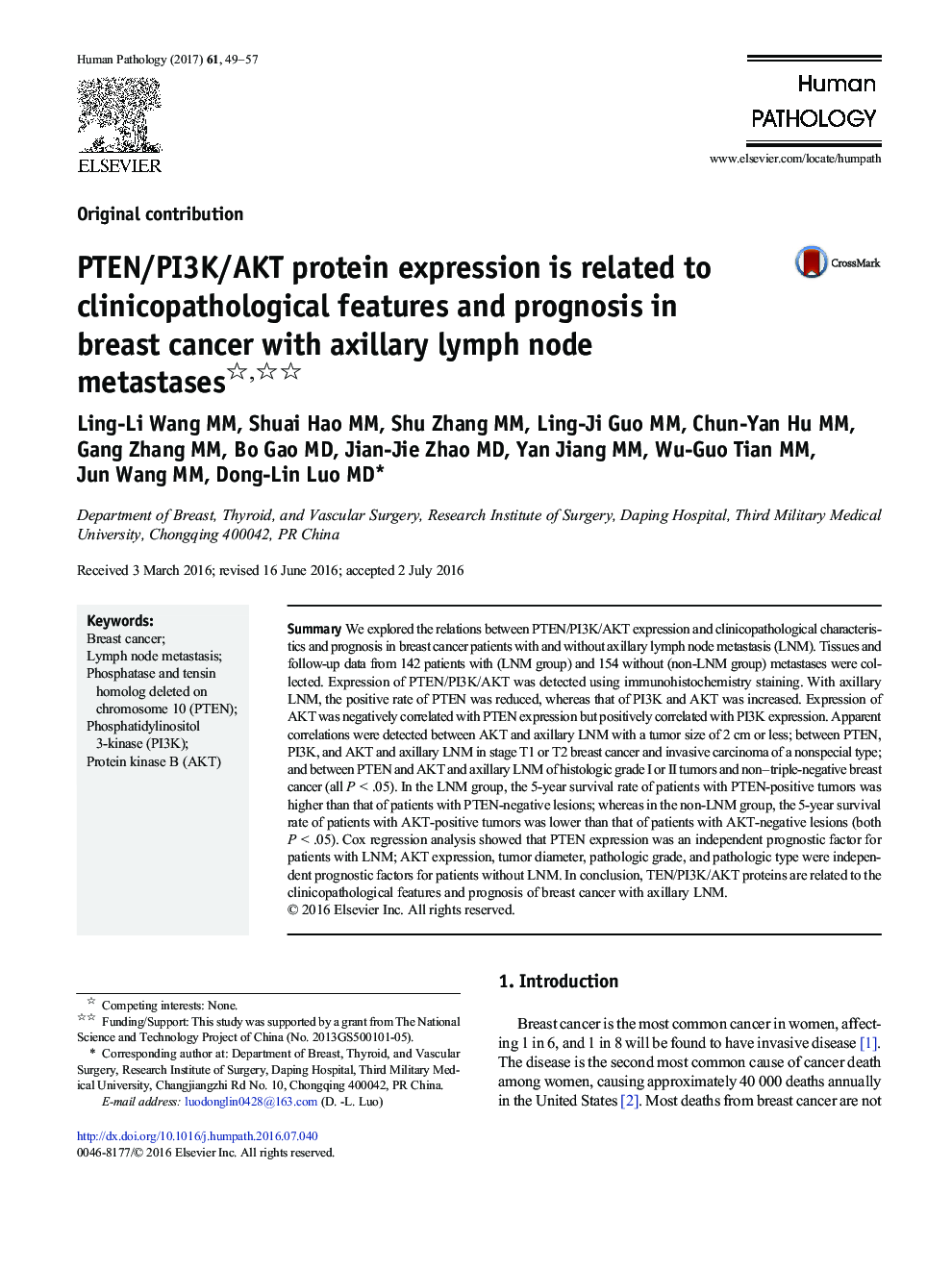 Original contributionPTEN/PI3K/AKT protein expression is related to clinicopathological features and prognosis in breast cancer with axillary lymph node metastases