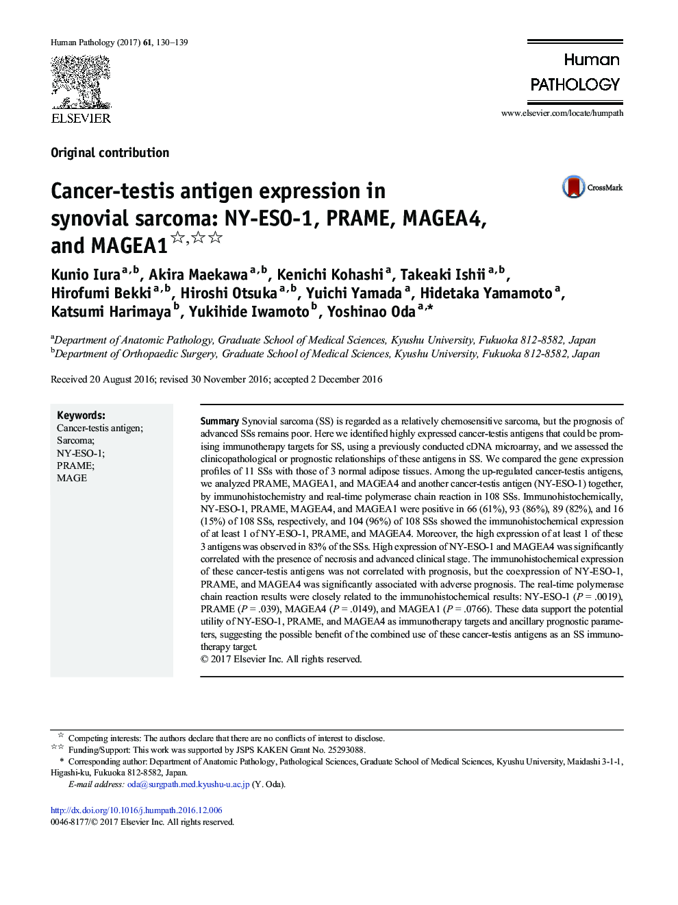 Original contributionCancer-testis antigen expression in synovial sarcoma: NY-ESO-1, PRAME, MAGEA4, and MAGEA1