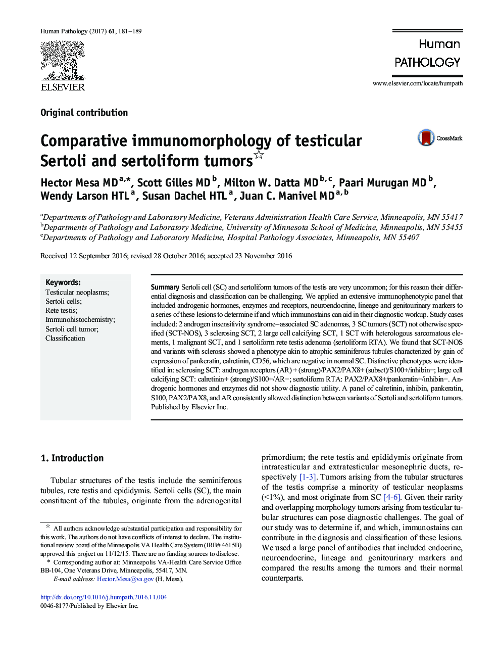 Original contributionComparative immunomorphology of testicular Sertoli and sertoliform tumors