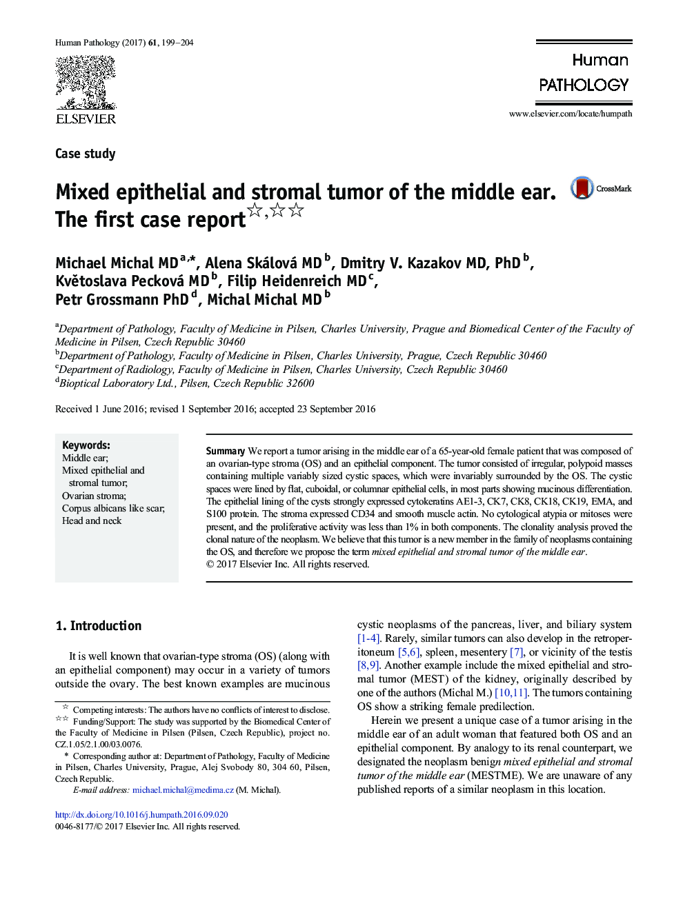 Case studyMixed epithelial and stromal tumor of the middle ear: The first case report