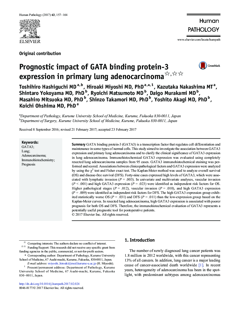 Original contributionPrognostic impact of GATA binding protein-3 expression in primary lung adenocarcinoma