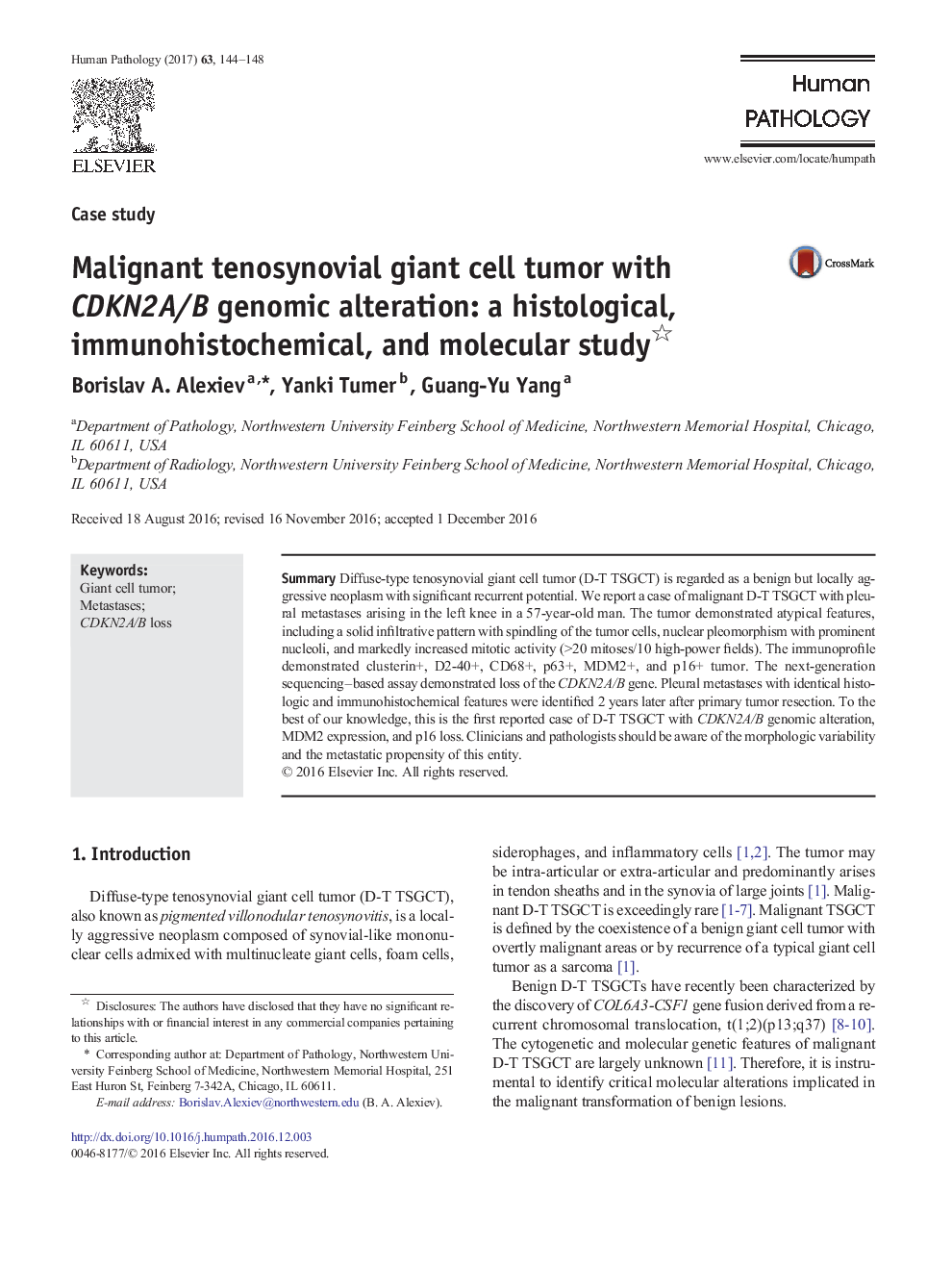 Case studyMalignant tenosynovial giant cell tumor with CDKN2A/B genomic alteration: a histological, immunohistochemical, and molecular study