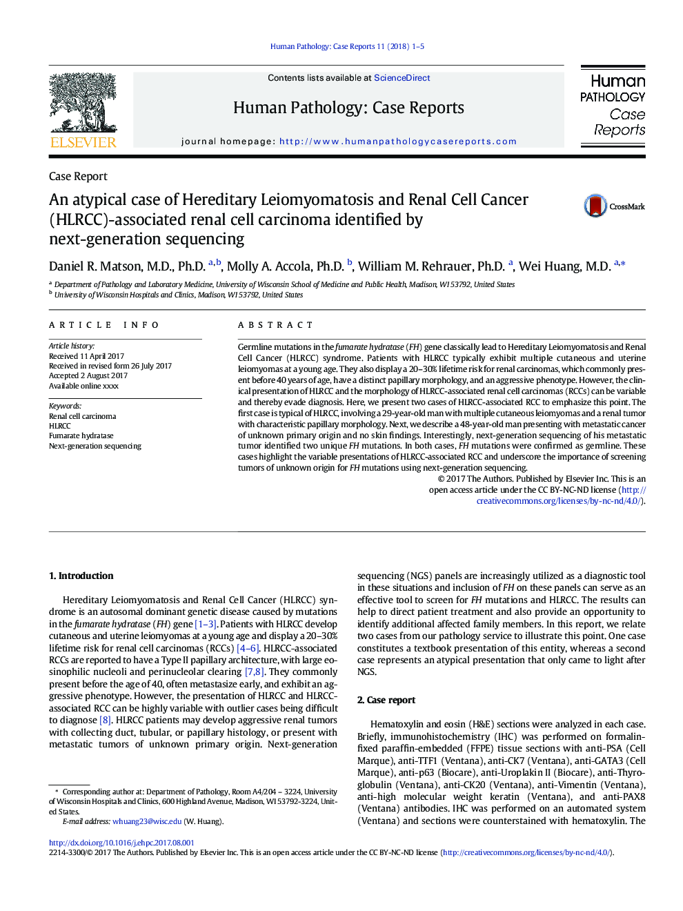 Case ReportAn atypical case of Hereditary Leiomyomatosis and Renal Cell Cancer (HLRCC)-associated renal cell carcinoma identified by next-generation sequencing