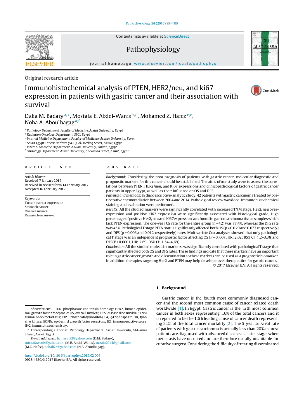 Original research articleImmunohistochemical analysis of PTEN, HER2/neu, and ki67 expression in patients with gastric cancer and their association with survival