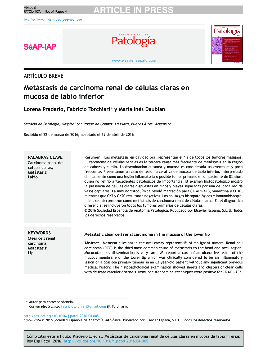 Metástasis de carcinoma renal de células claras en mucosa de labio inferior