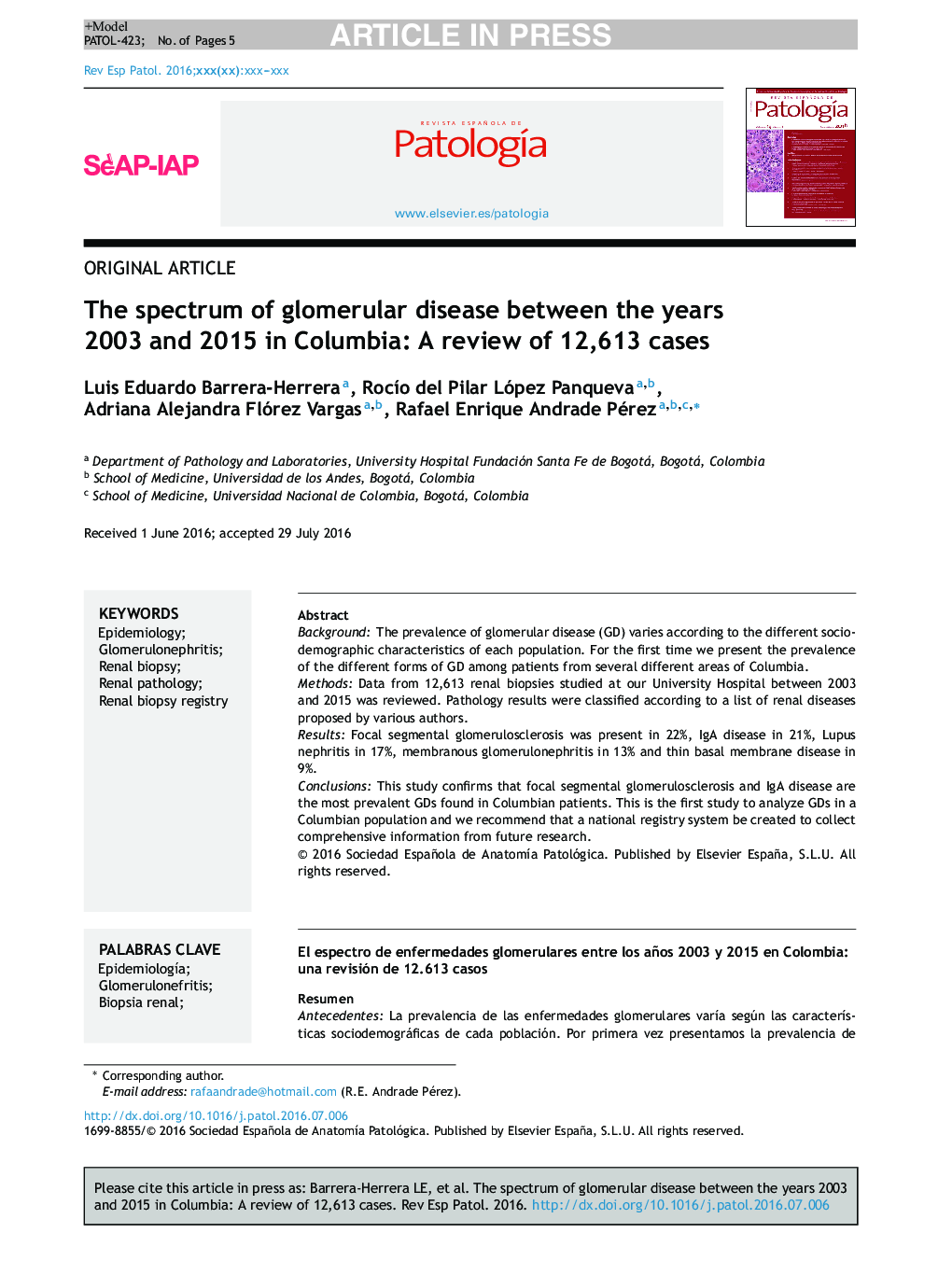 طیف بیماری گلومرولی بین سال های 2003 و 2015 در کلمبیا: بازبینی 121313 مورد 