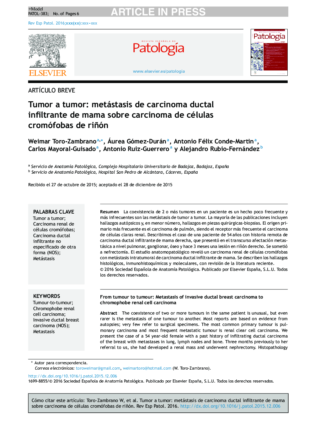 Tumor a tumor: metástasis de carcinoma ductal infiltrante de mama sobre carcinoma de células cromófobas de riñón