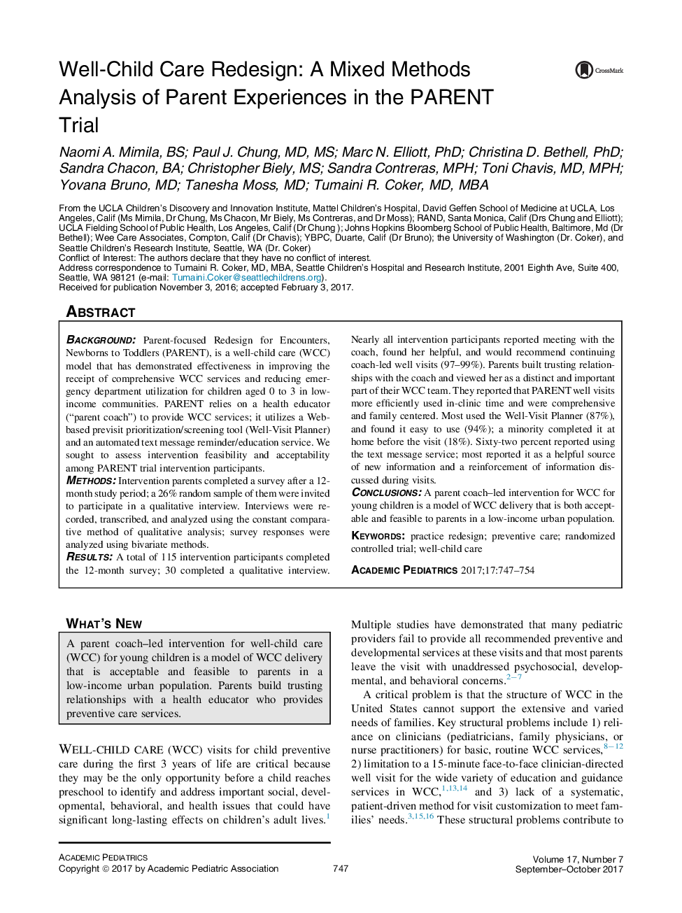 Well Child Care and Pediatric PracticeWell-Child Care Redesign: A Mixed Methods Analysis of Parent Experiences in the PARENT Trial