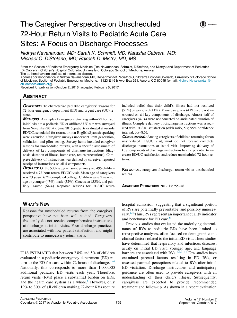 Well Child Care and Pediatric PracticeThe Caregiver Perspective on Unscheduled 72-Hour Return Visits to Pediatric Acute Care Sites: A Focus on Discharge Processes