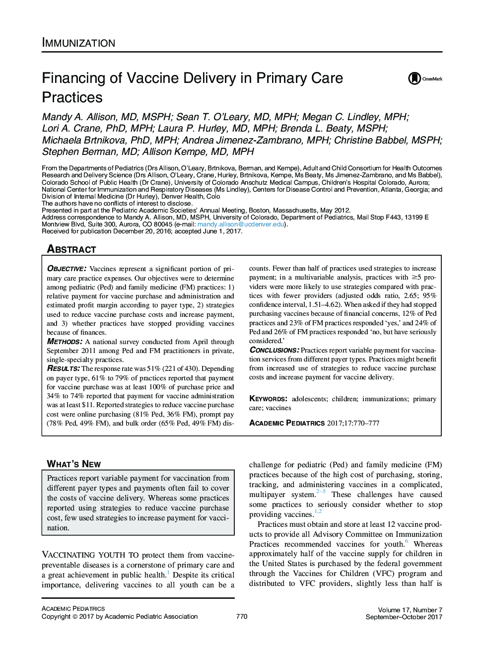 ImmunizationFinancing of Vaccine Delivery in Primary Care Practices