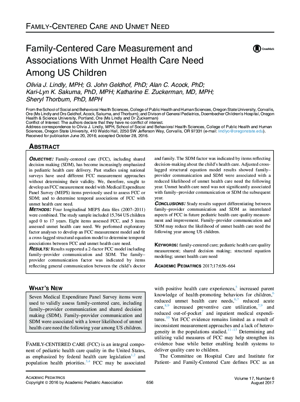 Family-Centered Care and Unmet NeedFamily-Centered Care Measurement and Associations With Unmet Health Care Need Among US Children