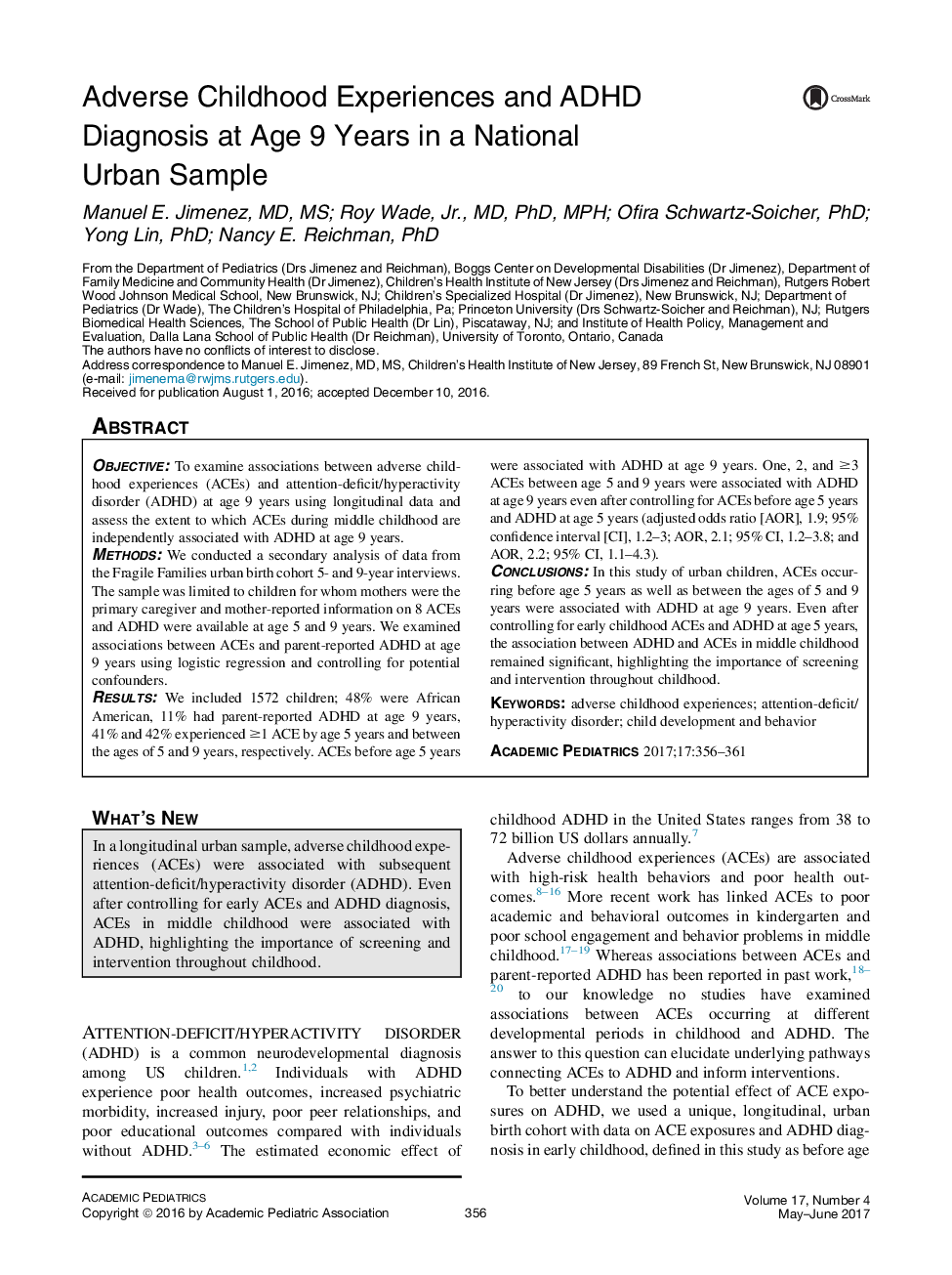 ACEs and ADHDAdverse Childhood Experiences and ADHD Diagnosis at Age 9 Years in a National Urban Sample