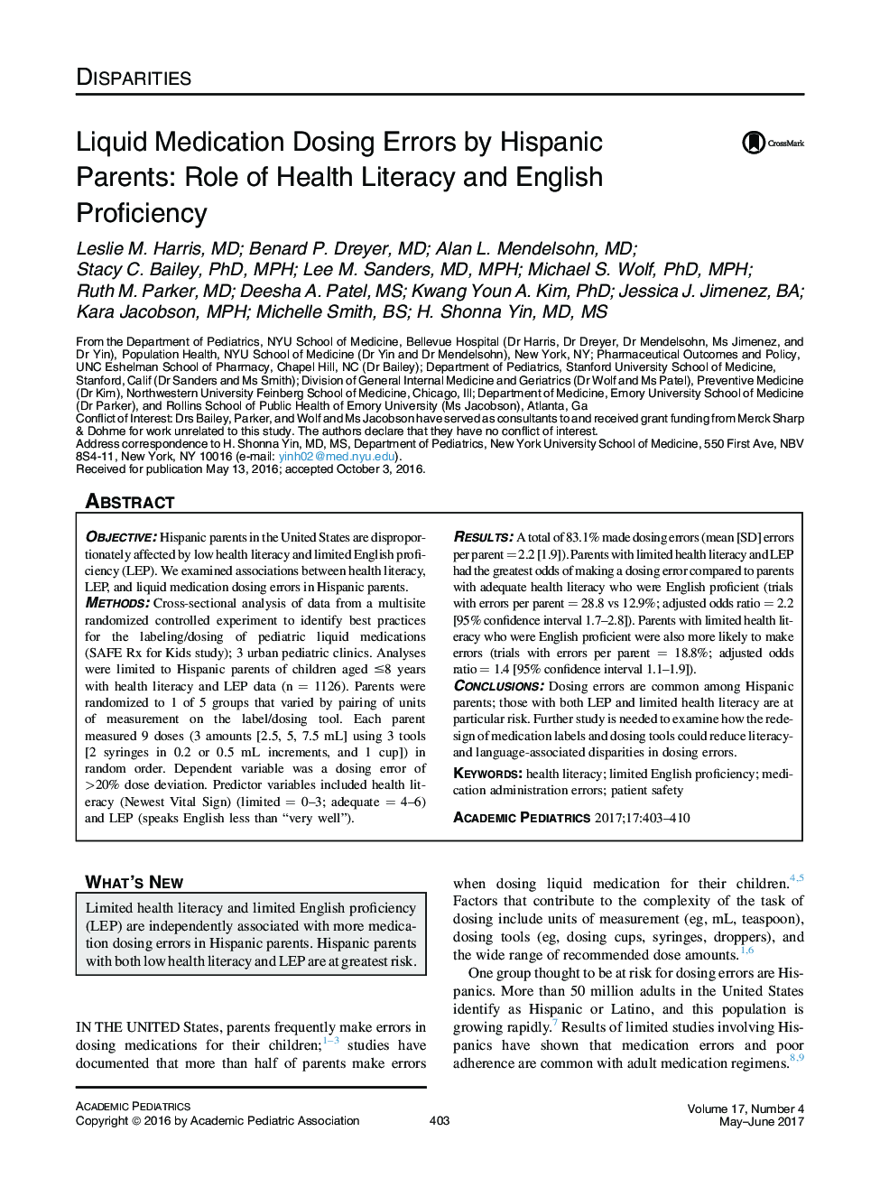 DisparitiesLiquid Medication Dosing Errors by Hispanic Parents: Role of Health Literacy and English Proficiency