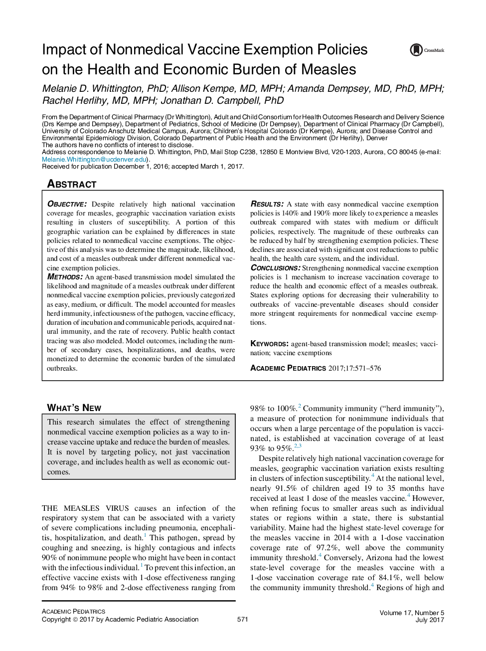 ImmunizationImpact of Nonmedical Vaccine Exemption Policies on the Health and Economic Burden of Measles