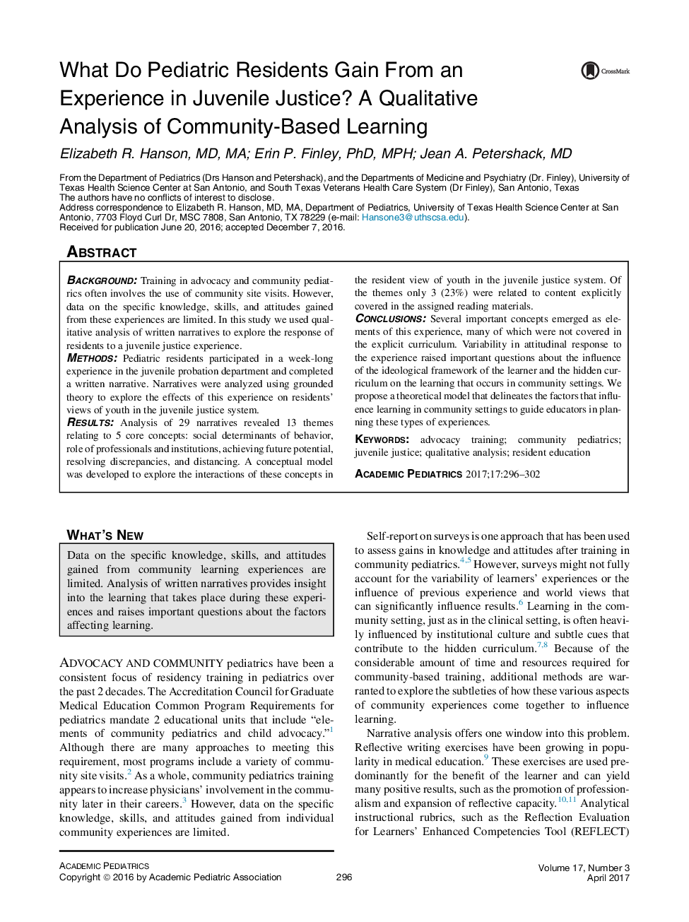 Research in Pediatric EducationWhat Do Pediatric Residents Gain From an Experience in Juvenile Justice? A Qualitative Analysis of Community-Based Learning