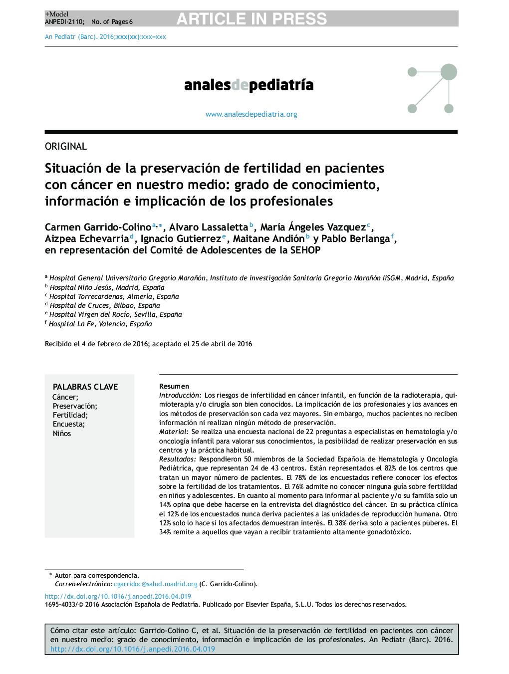 Situación de la preservación de fertilidad en pacientes con cáncer en nuestro medio: grado de conocimiento, información e implicación de los profesionales