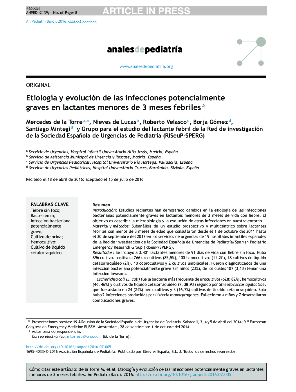 EtiologÃ­a y evolución de las infecciones potencialmente graves en lactantes menores de 3 meses febriles