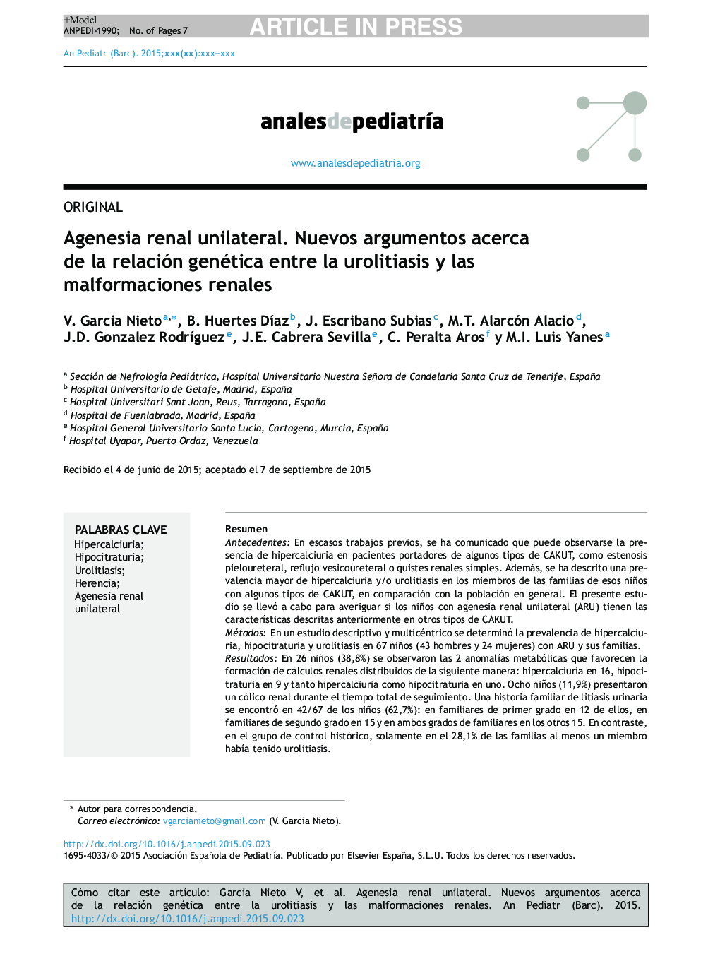 Agenesia renal unilateral. Nuevos argumentos acerca de la relación genética entre la urolitiasis y las malformaciones renales