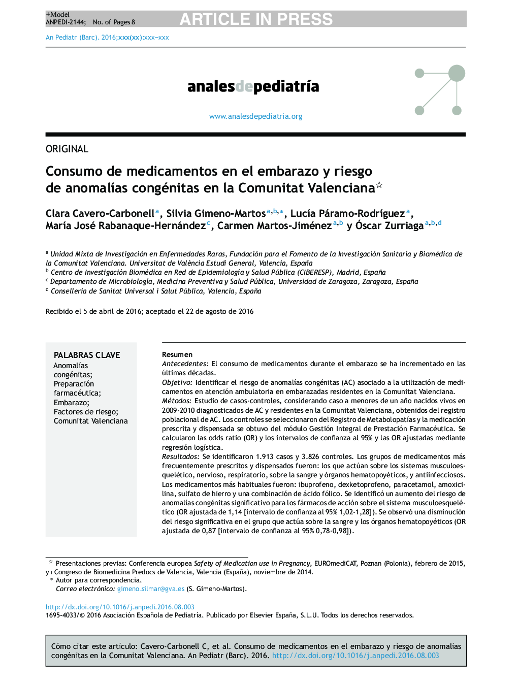 Consumo de medicamentos en el embarazo y riesgo de anomalÃ­as congénitas en la Comunitat Valenciana