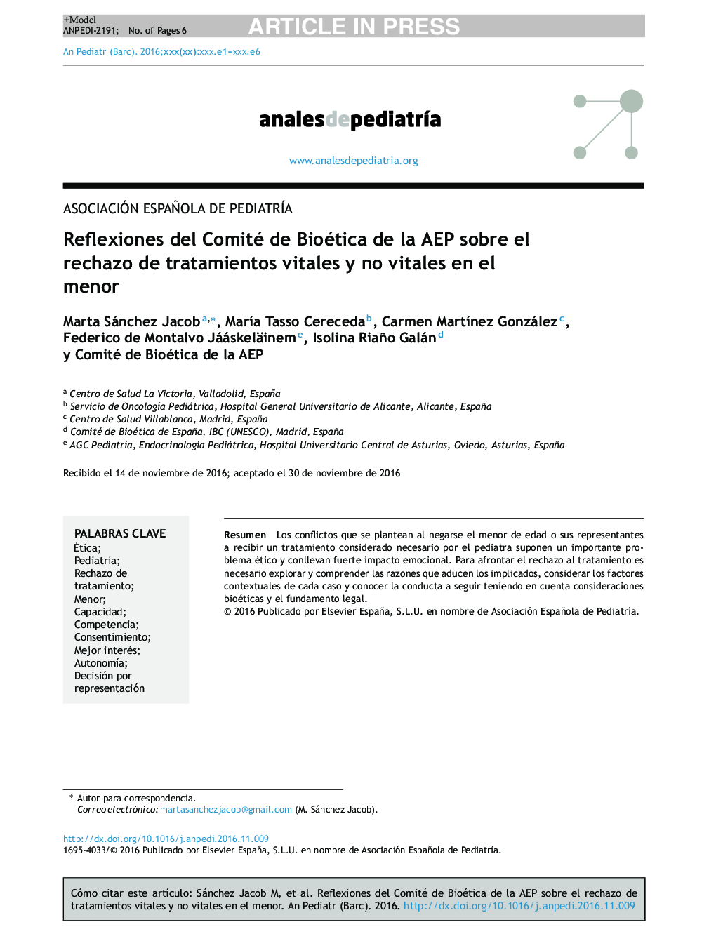 Reflexiones del Comité de Bioética de la AEP sobre el rechazo de tratamientos vitales y no vitales en el menor