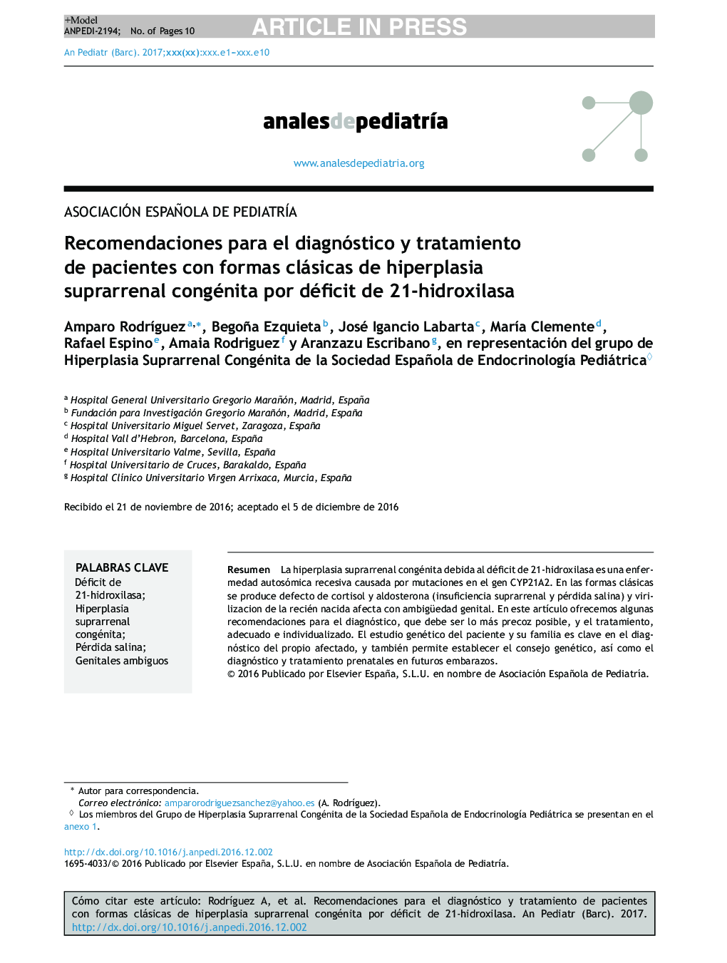 Recomendaciones para el diagnóstico y tratamiento de pacientes con formas clásicas de hiperplasia suprarrenal congénita por déficit de 21-hidroxilasa