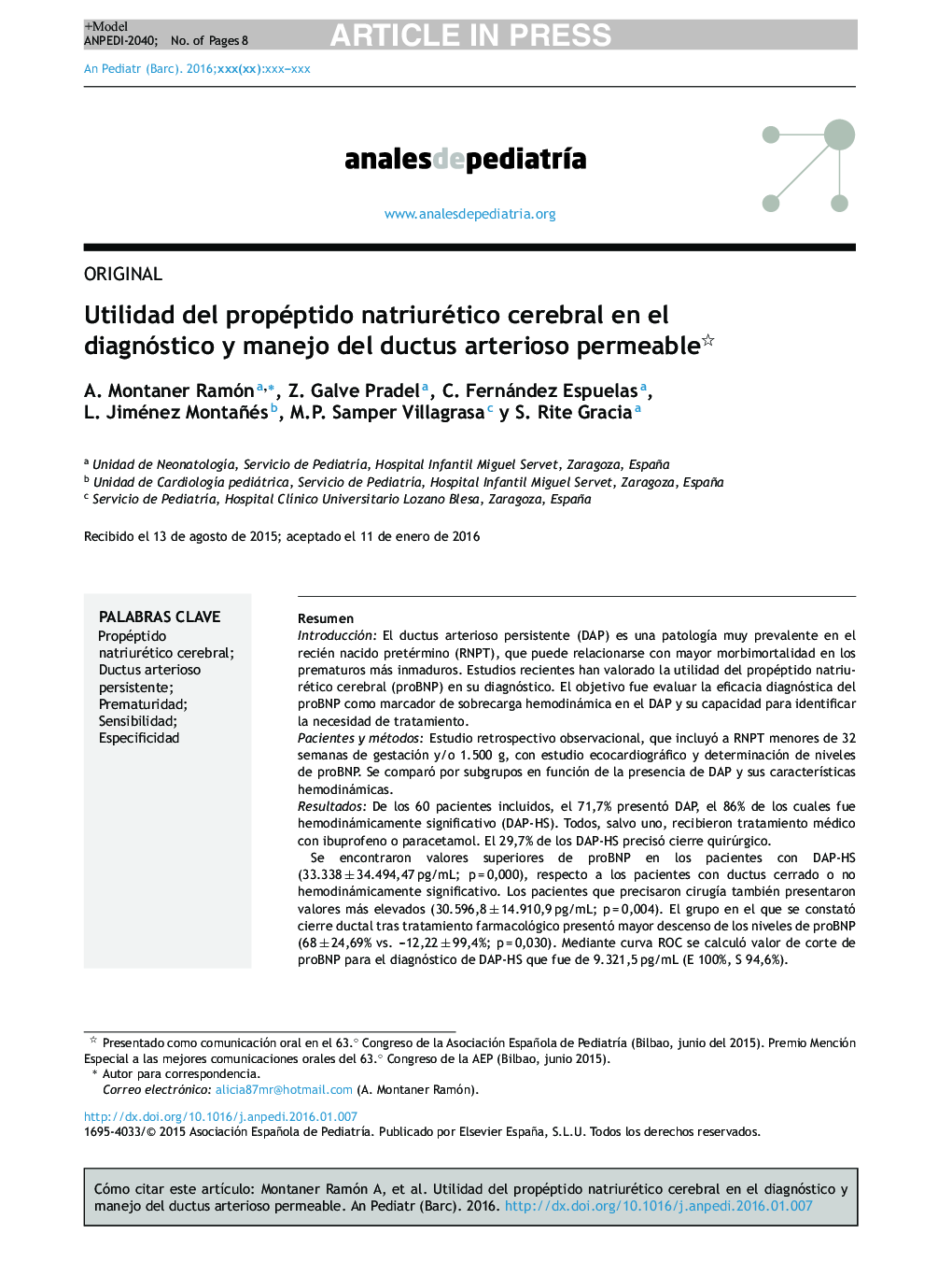 Utilidad del propéptido natriurético cerebral en el diagnóstico y manejo del ductus arterioso permeable