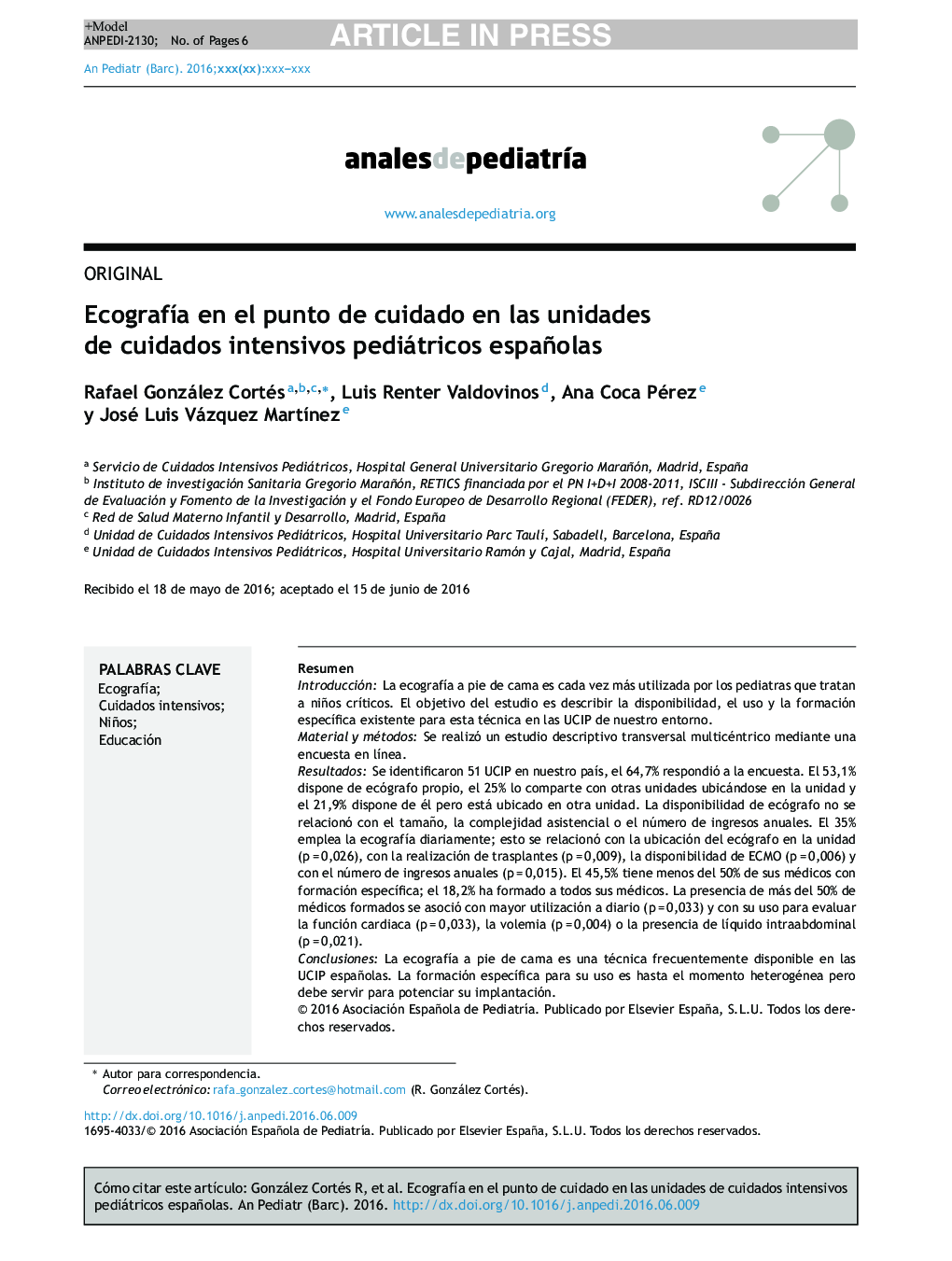 EcografÃ­a en el punto de cuidado en las unidades de cuidados intensivos pediátricos españolas