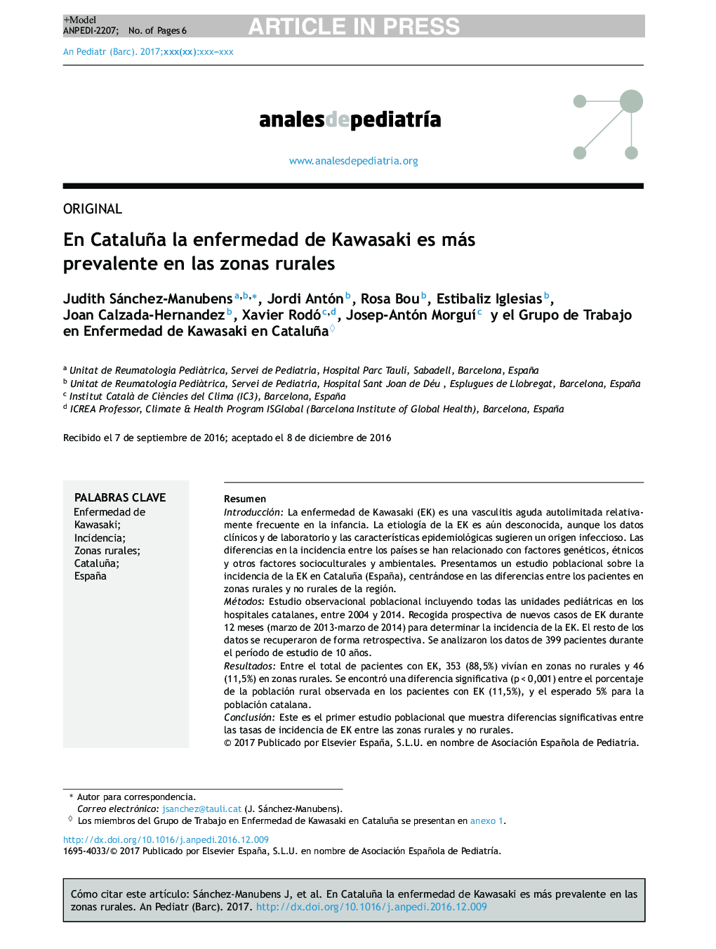 En Cataluña la enfermedad de Kawasaki es más prevalente en las zonas rurales