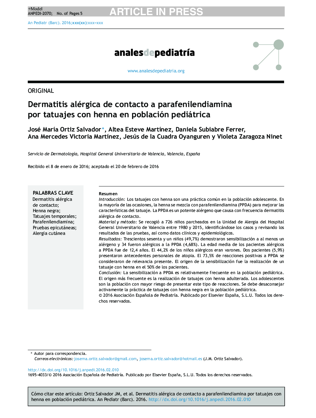 Dermatitis alérgica de contacto a parafenilendiamina por tatuajes con henna en población pediátrica