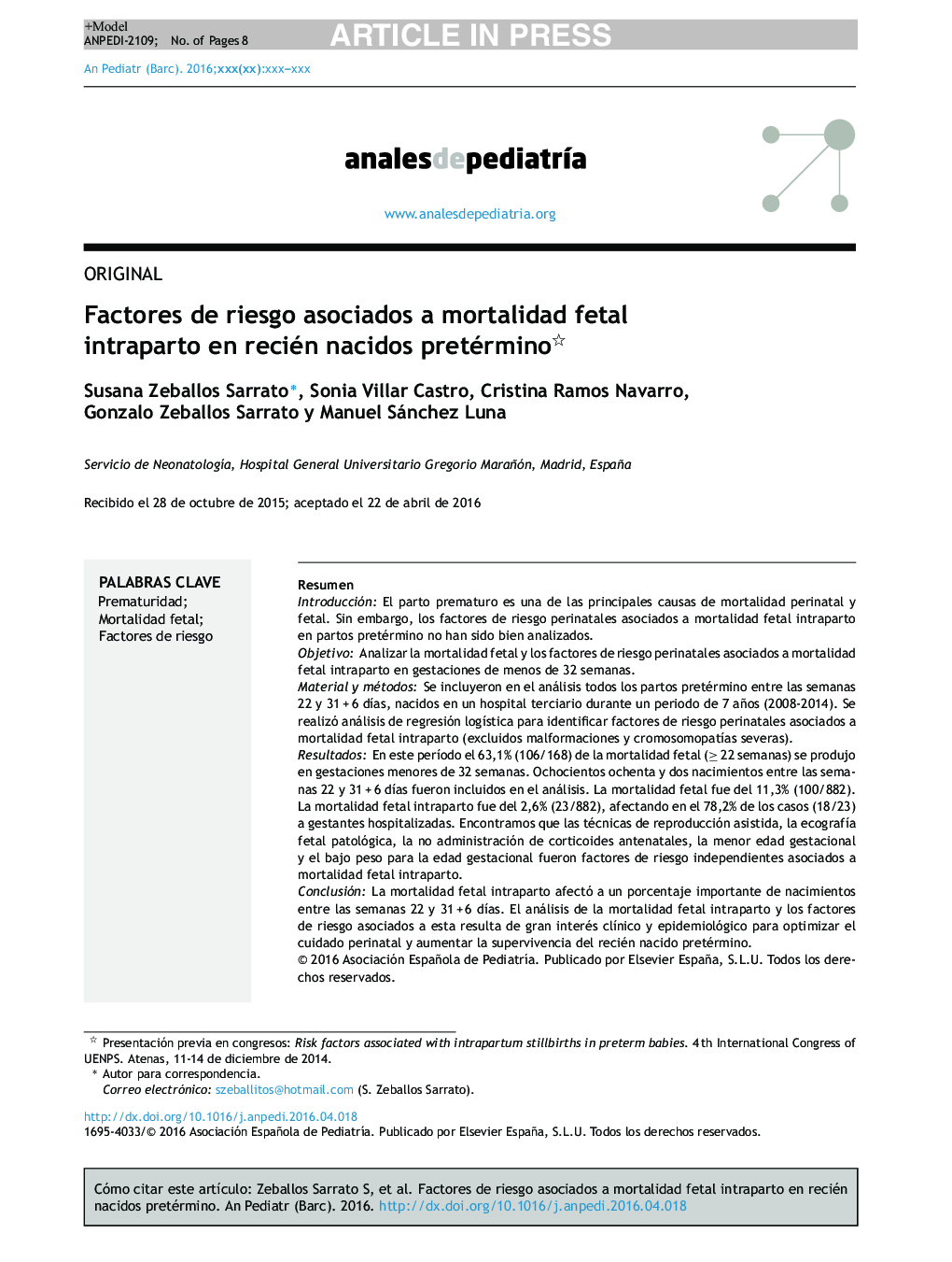 Factores de riesgo asociados a mortalidad fetal intraparto en recién nacidos pretérmino