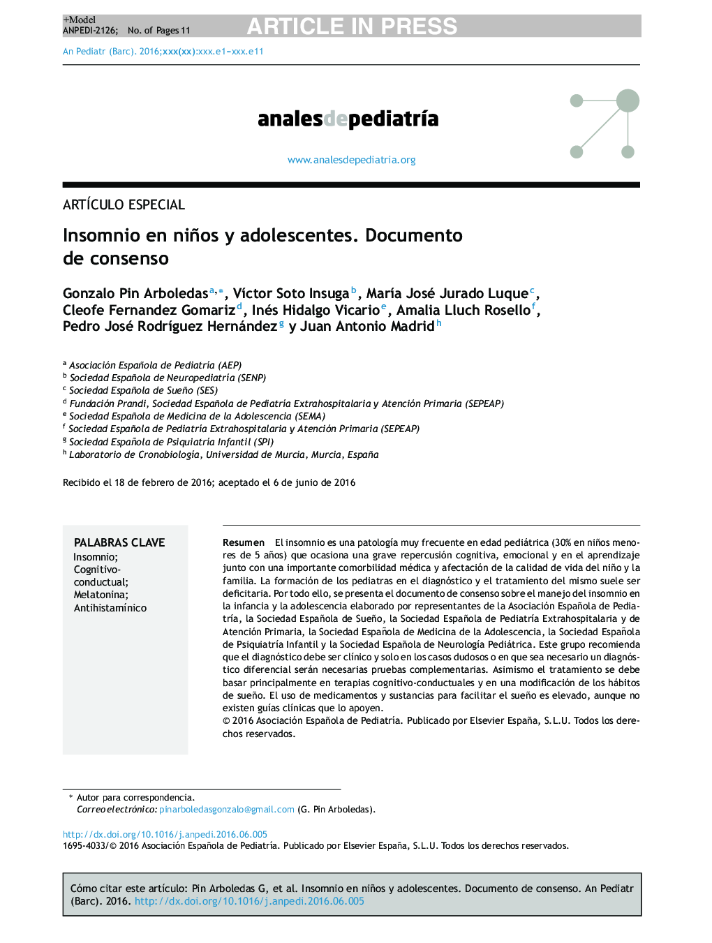 Insomnio en niños y adolescentes. Documento de consenso