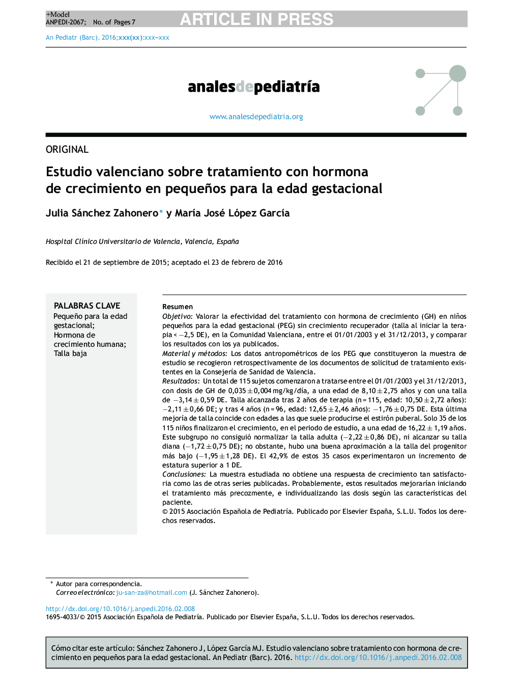 Estudio valenciano sobre tratamiento con hormona de crecimiento en pequeños para la edad gestacional