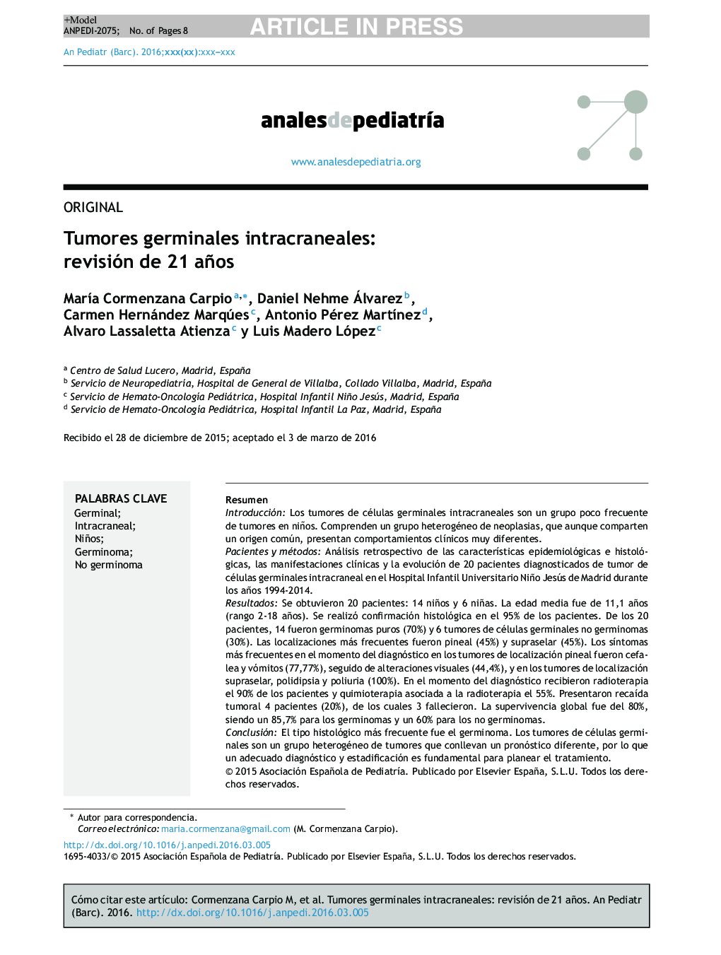 عکس صفحه اول مقاله: Tumores germinales intracraneales: revisión de 21 años Tumores germinales intracraneales: revisión de 21 años