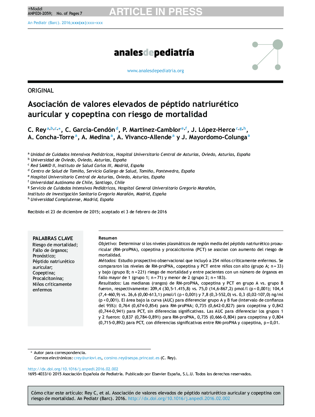 Asociación de valores elevados de péptido natriurético auricular y copeptina con riesgo de mortalidad